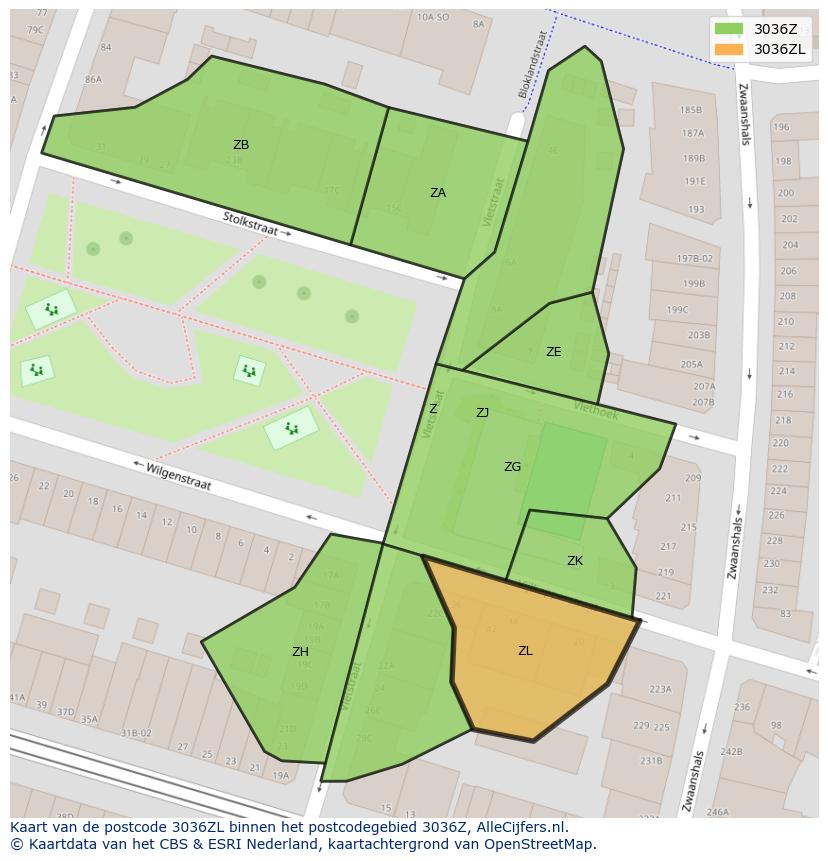 Afbeelding van het postcodegebied 3036 ZL op de kaart.