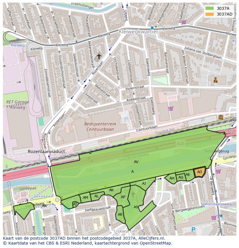 Afbeelding van het postcodegebied 3037 AD op de kaart.