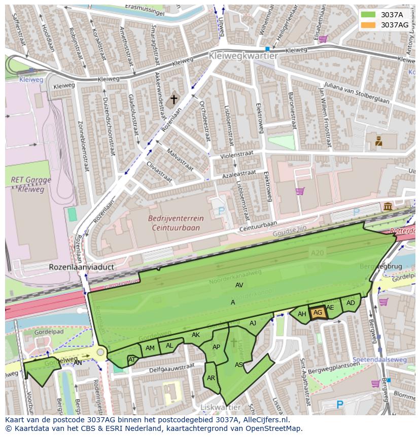 Afbeelding van het postcodegebied 3037 AG op de kaart.