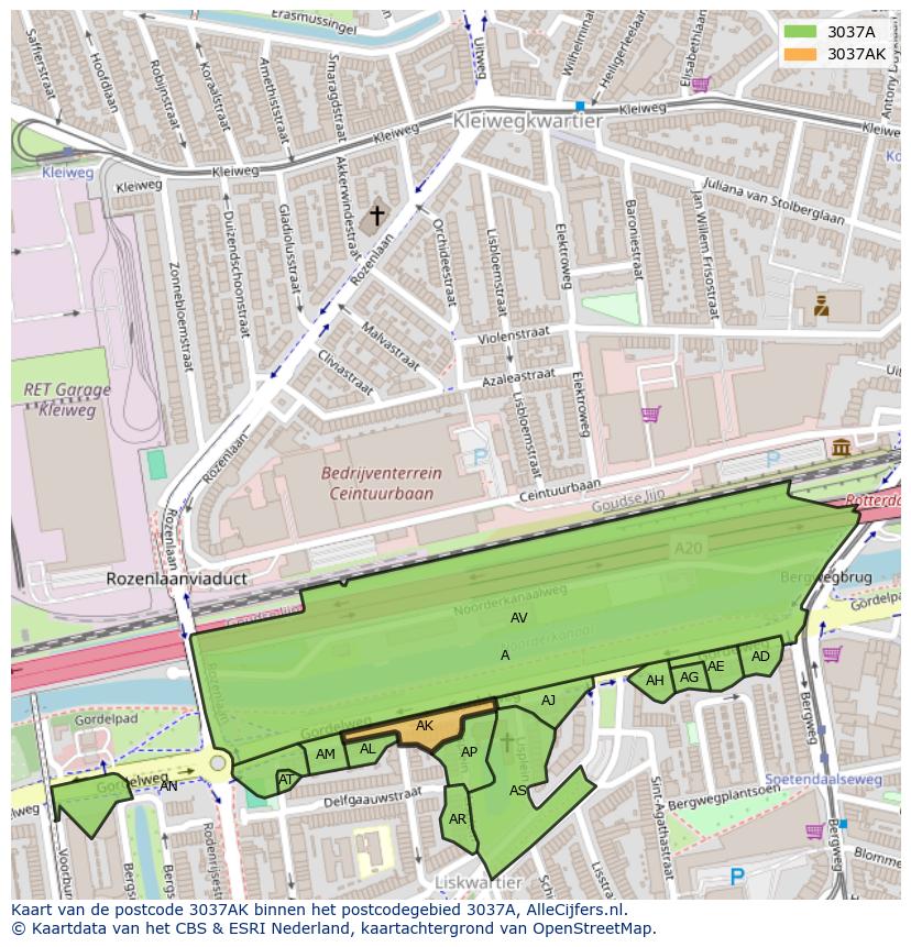 Afbeelding van het postcodegebied 3037 AK op de kaart.