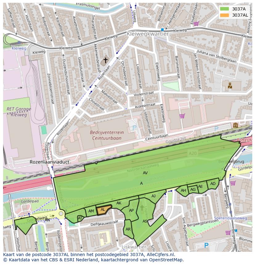 Afbeelding van het postcodegebied 3037 AL op de kaart.