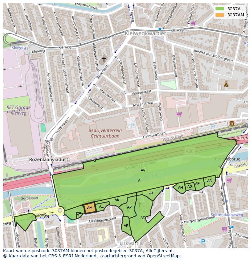 Afbeelding van het postcodegebied 3037 AM op de kaart.