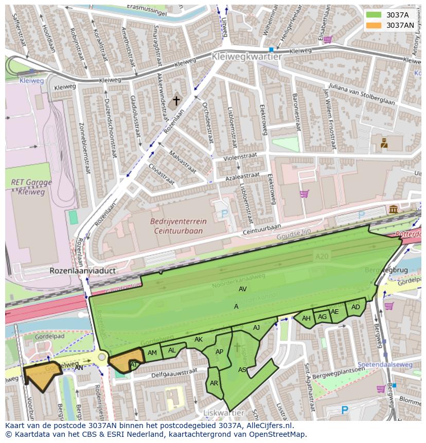 Afbeelding van het postcodegebied 3037 AN op de kaart.