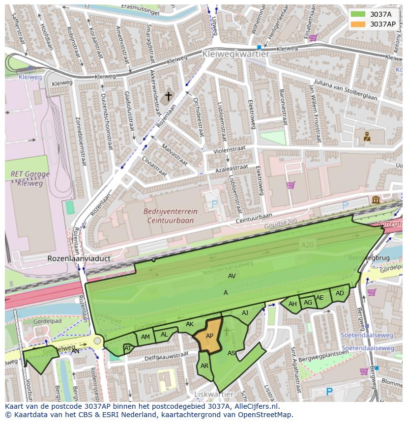 Afbeelding van het postcodegebied 3037 AP op de kaart.