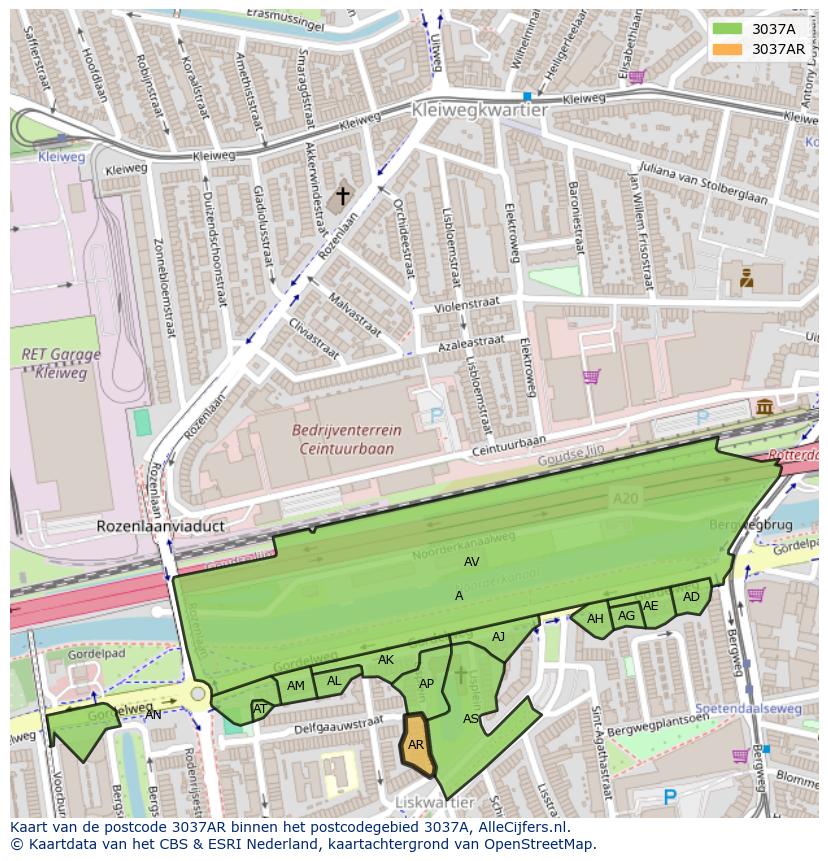 Afbeelding van het postcodegebied 3037 AR op de kaart.