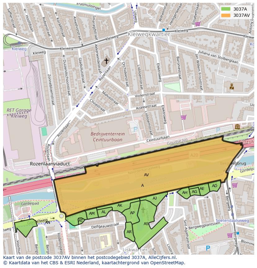 Afbeelding van het postcodegebied 3037 AV op de kaart.