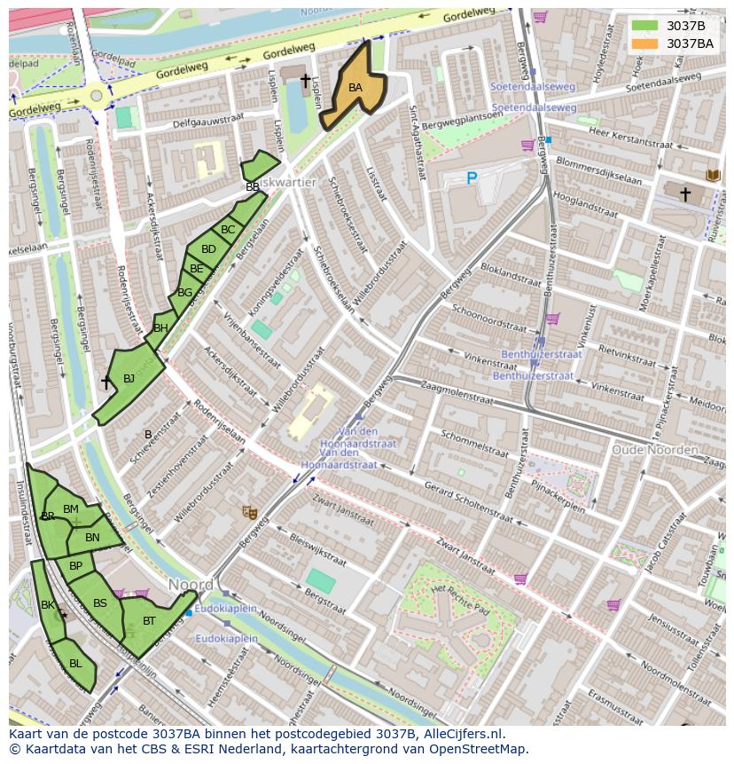 Afbeelding van het postcodegebied 3037 BA op de kaart.