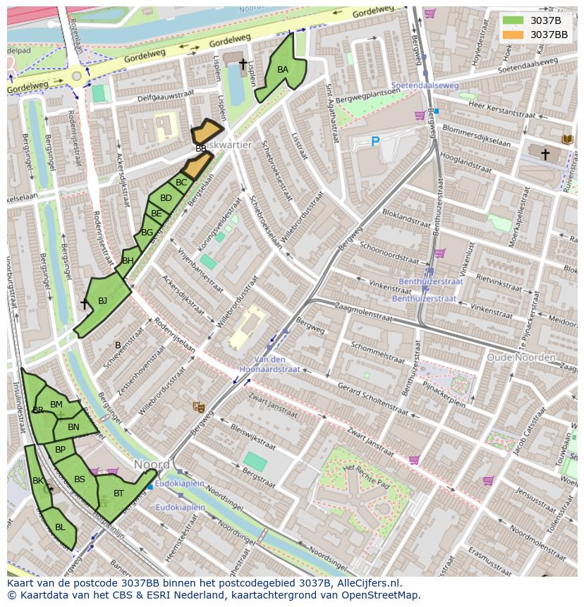 Afbeelding van het postcodegebied 3037 BB op de kaart.
