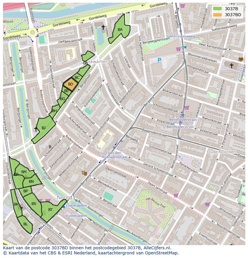 Afbeelding van het postcodegebied 3037 BD op de kaart.