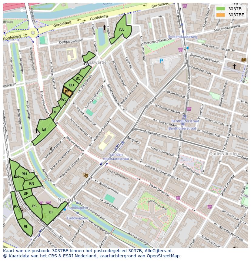 Afbeelding van het postcodegebied 3037 BE op de kaart.