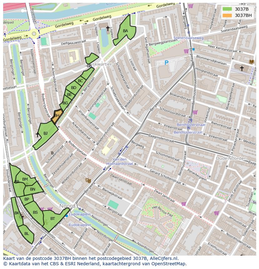 Afbeelding van het postcodegebied 3037 BH op de kaart.