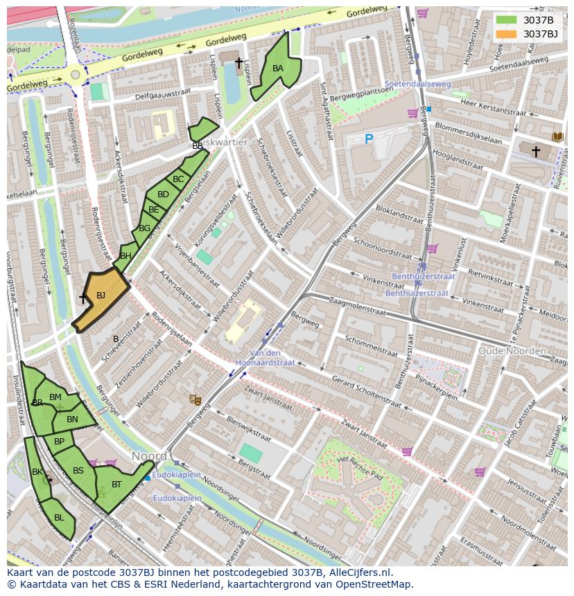 Afbeelding van het postcodegebied 3037 BJ op de kaart.
