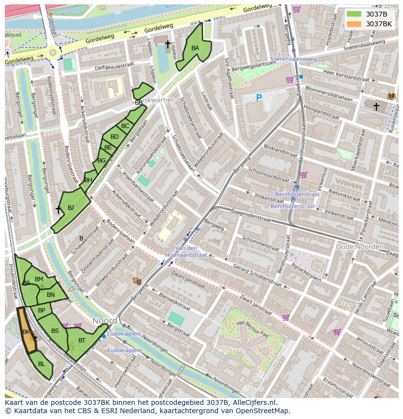 Afbeelding van het postcodegebied 3037 BK op de kaart.
