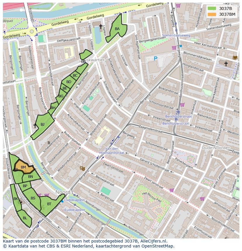 Afbeelding van het postcodegebied 3037 BM op de kaart.