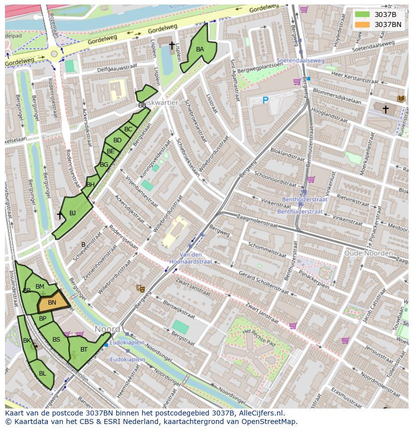 Afbeelding van het postcodegebied 3037 BN op de kaart.