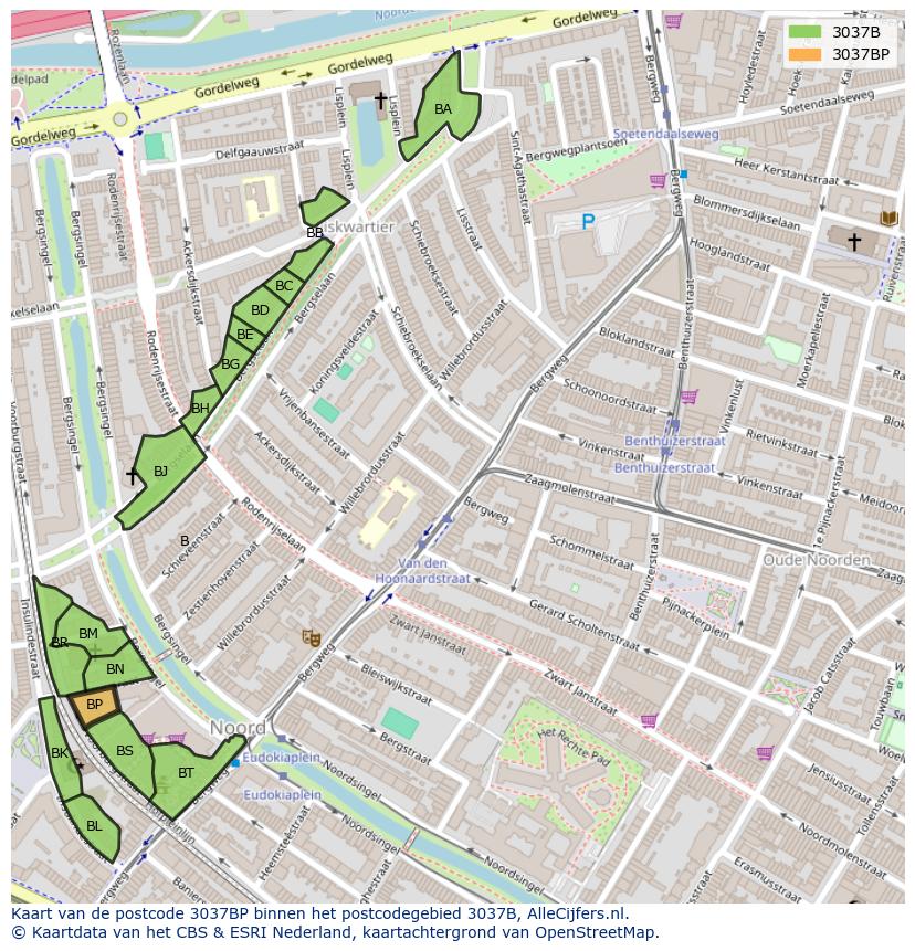 Afbeelding van het postcodegebied 3037 BP op de kaart.