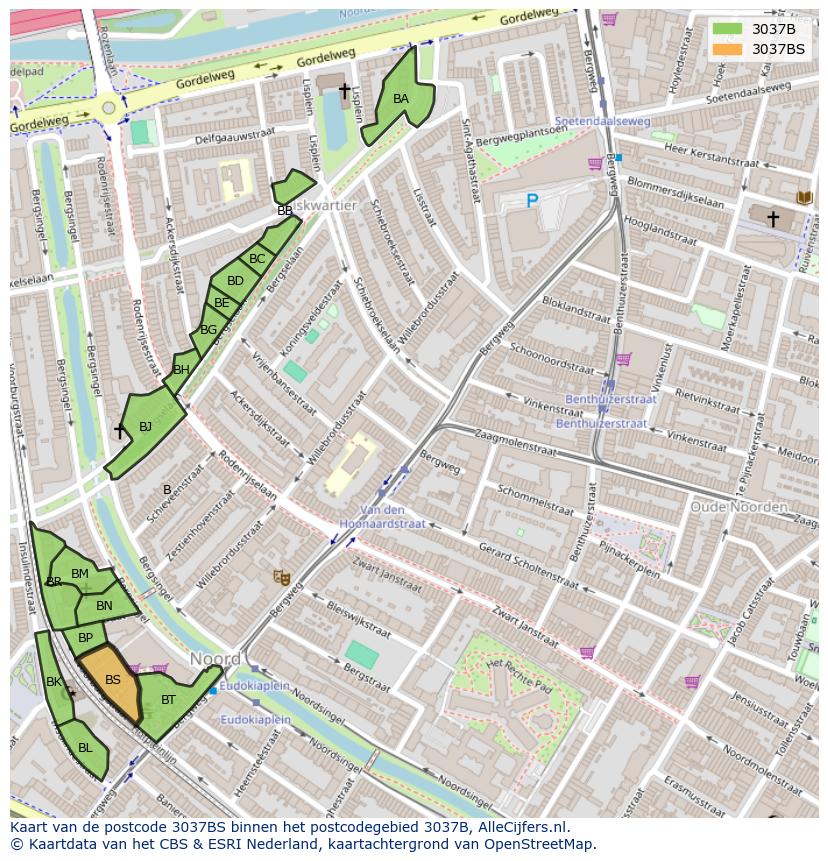 Afbeelding van het postcodegebied 3037 BS op de kaart.