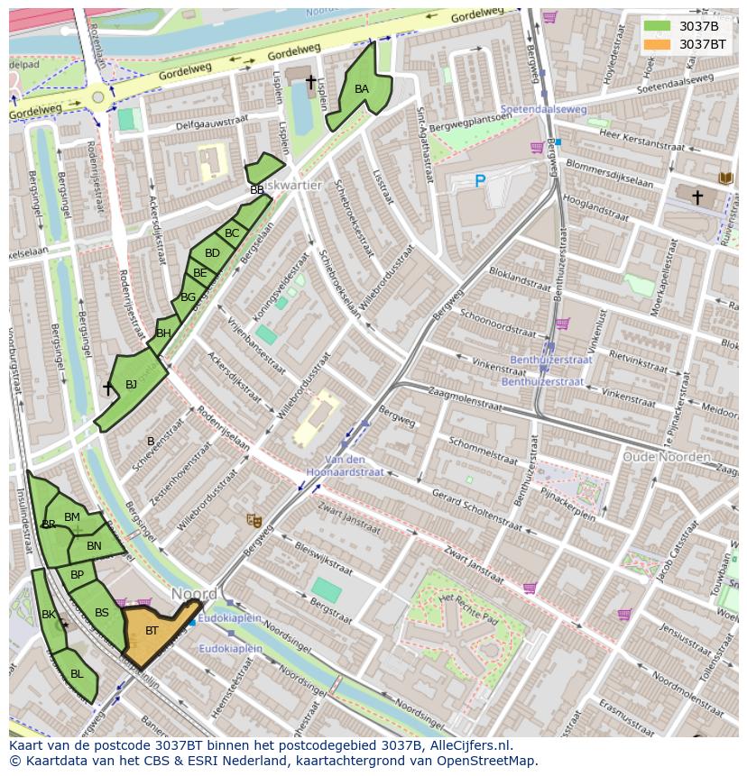 Afbeelding van het postcodegebied 3037 BT op de kaart.