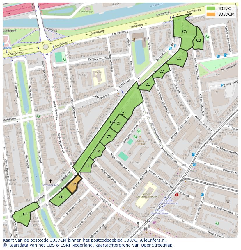 Afbeelding van het postcodegebied 3037 CM op de kaart.