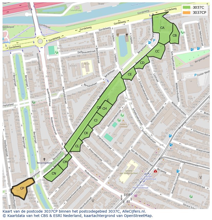 Afbeelding van het postcodegebied 3037 CP op de kaart.