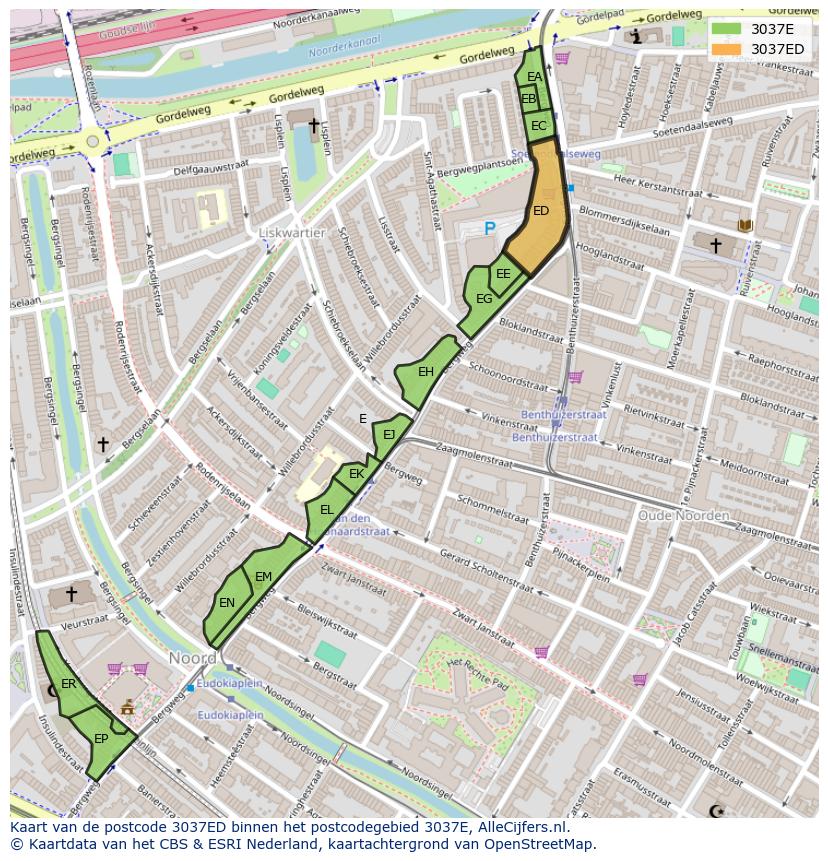 Afbeelding van het postcodegebied 3037 ED op de kaart.