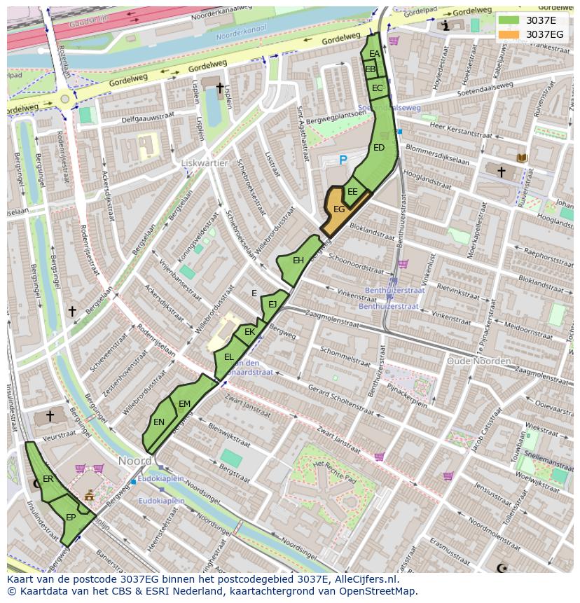 Afbeelding van het postcodegebied 3037 EG op de kaart.