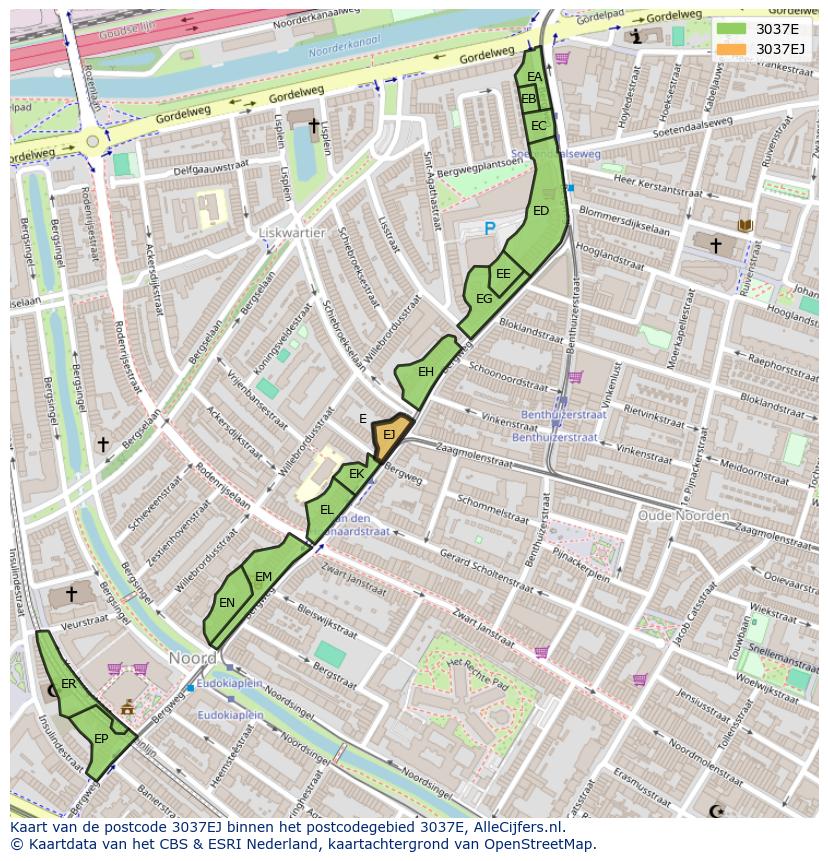 Afbeelding van het postcodegebied 3037 EJ op de kaart.