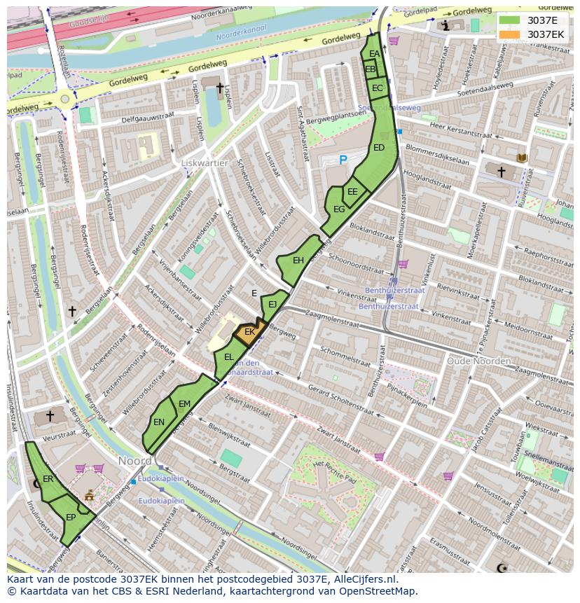 Afbeelding van het postcodegebied 3037 EK op de kaart.
