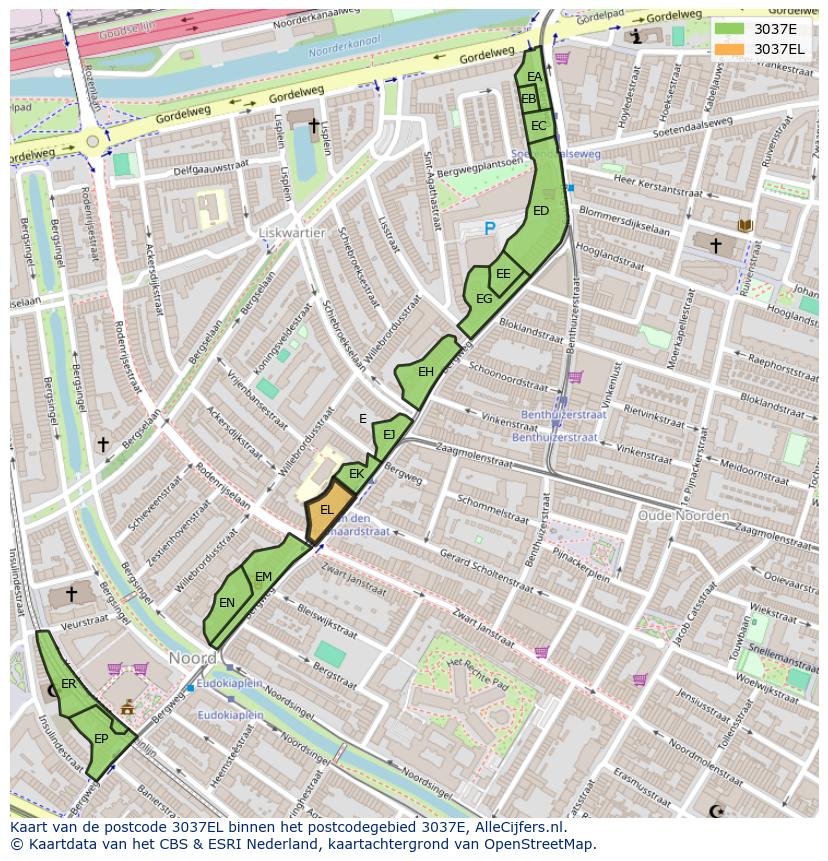 Afbeelding van het postcodegebied 3037 EL op de kaart.