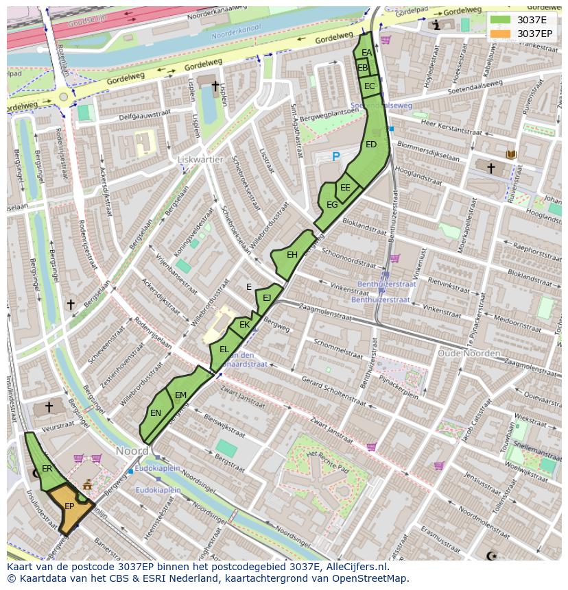 Afbeelding van het postcodegebied 3037 EP op de kaart.