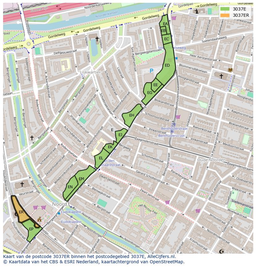 Afbeelding van het postcodegebied 3037 ER op de kaart.