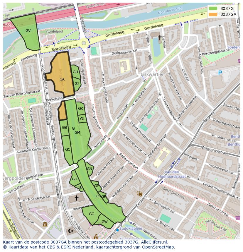 Afbeelding van het postcodegebied 3037 GA op de kaart.