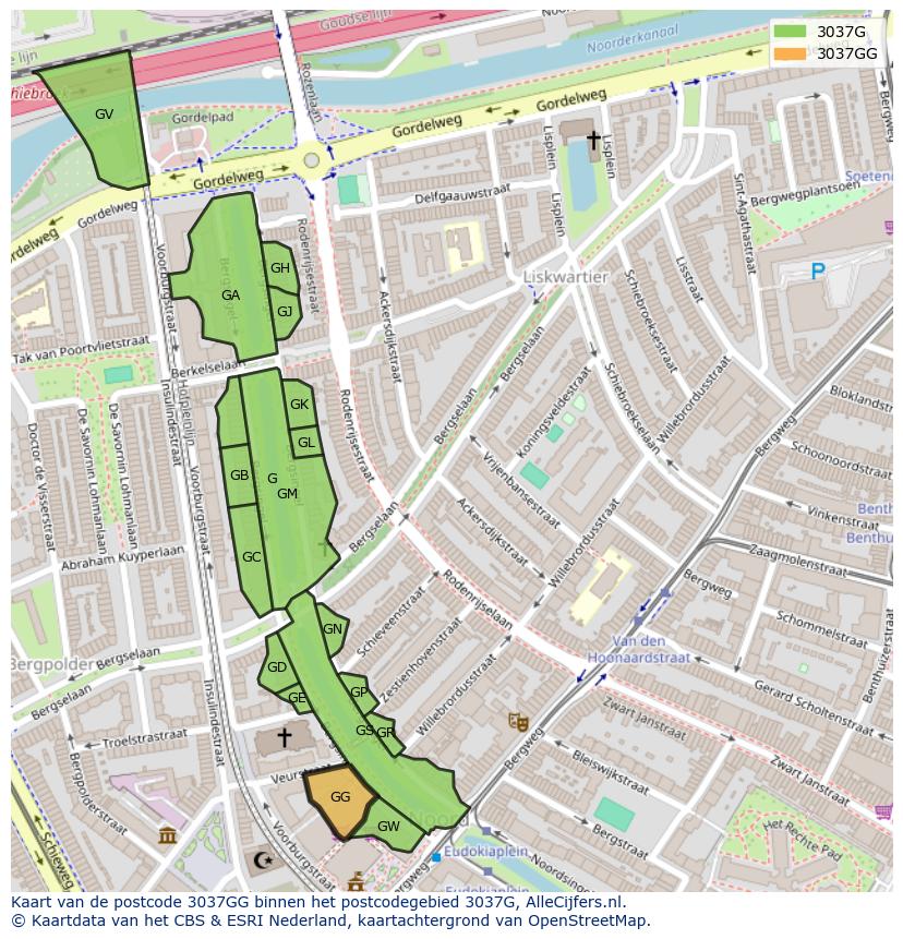 Afbeelding van het postcodegebied 3037 GG op de kaart.