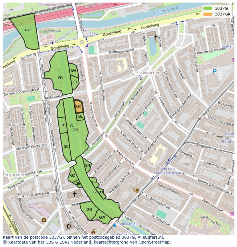 Afbeelding van het postcodegebied 3037 GK op de kaart.