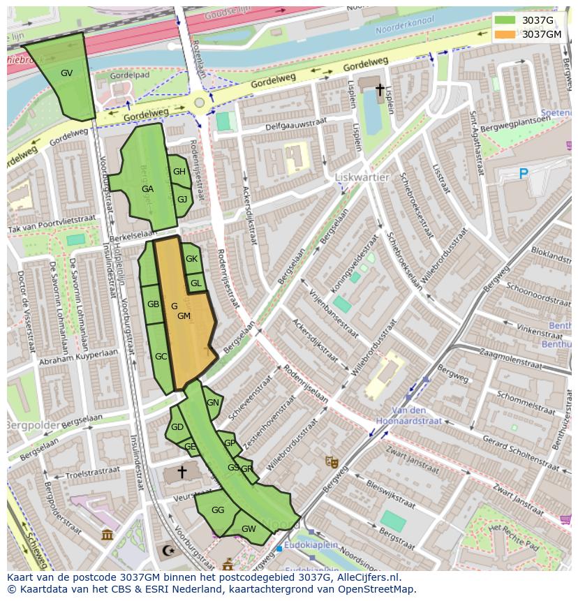 Afbeelding van het postcodegebied 3037 GM op de kaart.
