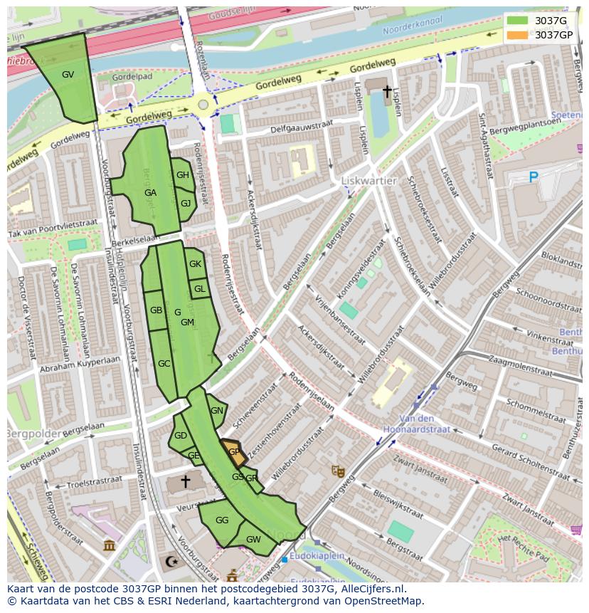 Afbeelding van het postcodegebied 3037 GP op de kaart.