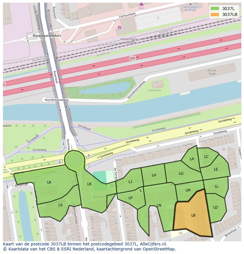 Afbeelding van het postcodegebied 3037 LB op de kaart.