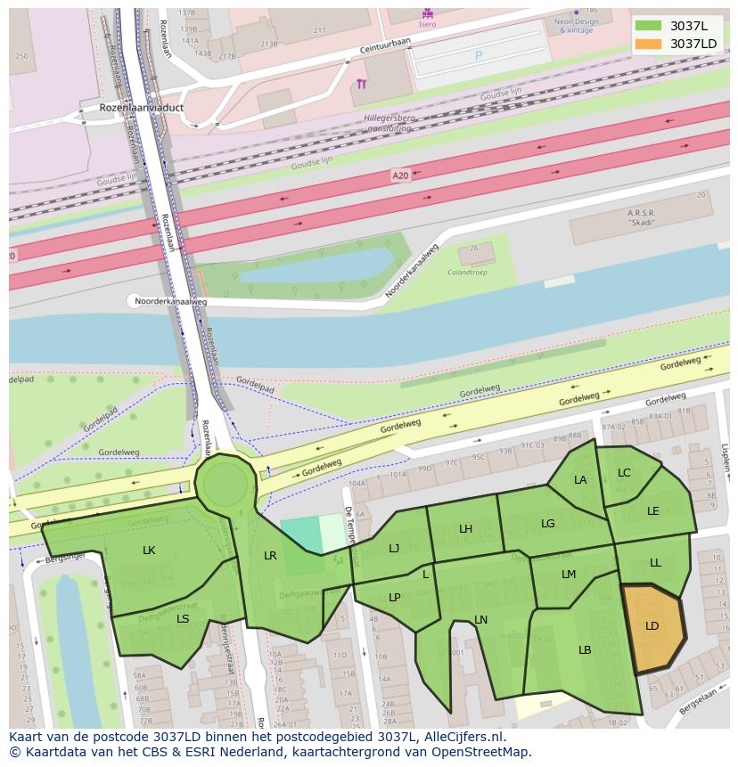 Afbeelding van het postcodegebied 3037 LD op de kaart.