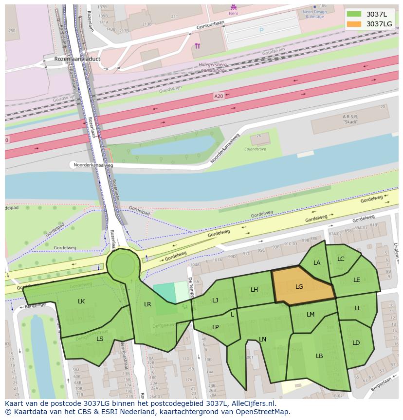 Afbeelding van het postcodegebied 3037 LG op de kaart.