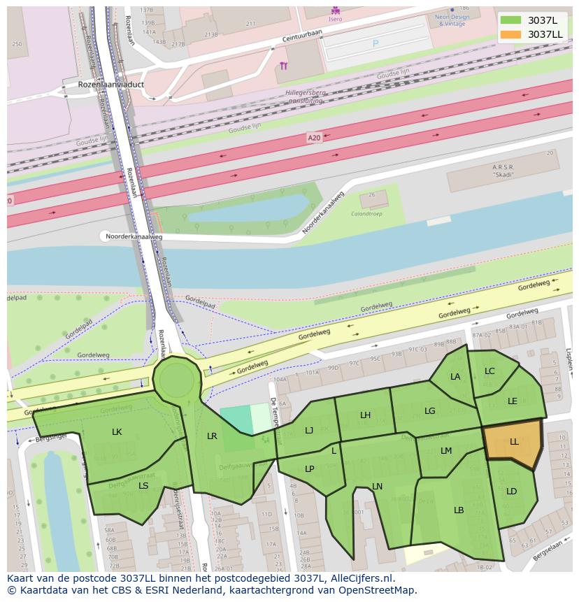 Afbeelding van het postcodegebied 3037 LL op de kaart.