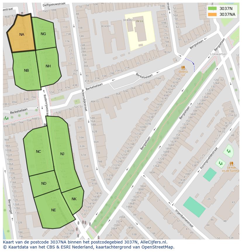 Afbeelding van het postcodegebied 3037 NA op de kaart.