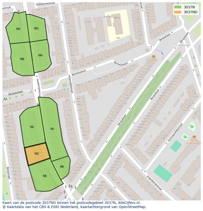 Afbeelding van het postcodegebied 3037 ND op de kaart.