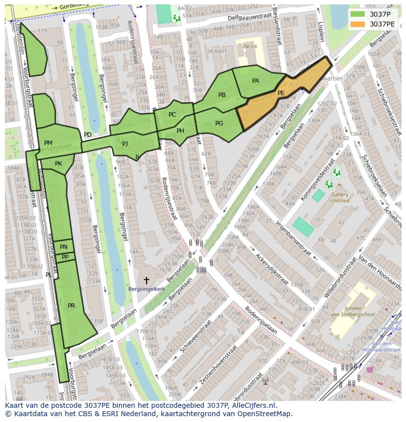 Afbeelding van het postcodegebied 3037 PE op de kaart.