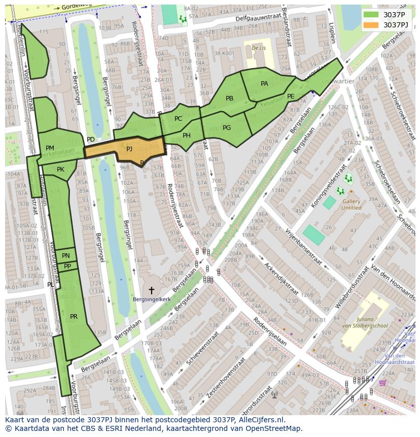 Afbeelding van het postcodegebied 3037 PJ op de kaart.