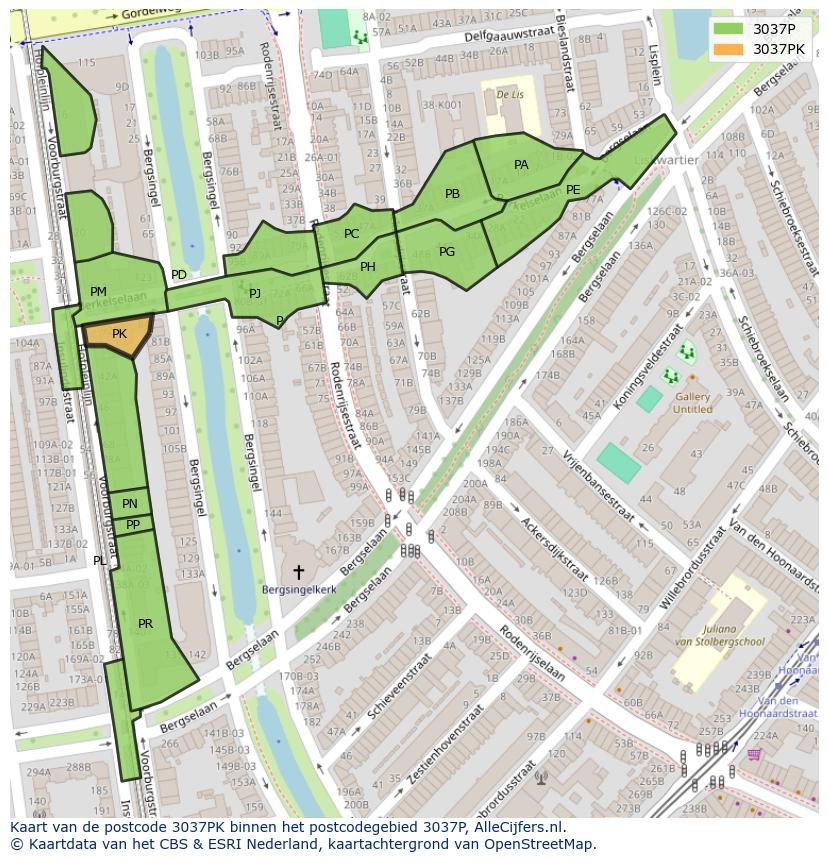 Afbeelding van het postcodegebied 3037 PK op de kaart.