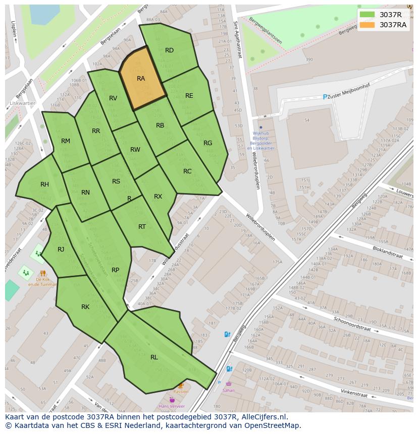 Afbeelding van het postcodegebied 3037 RA op de kaart.