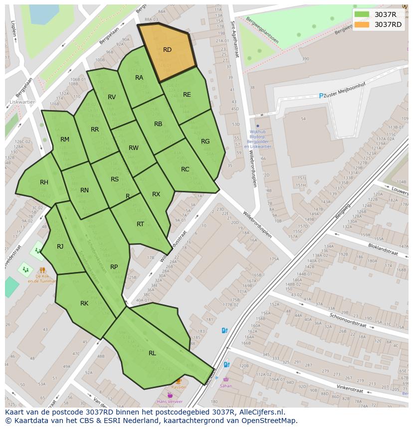 Afbeelding van het postcodegebied 3037 RD op de kaart.