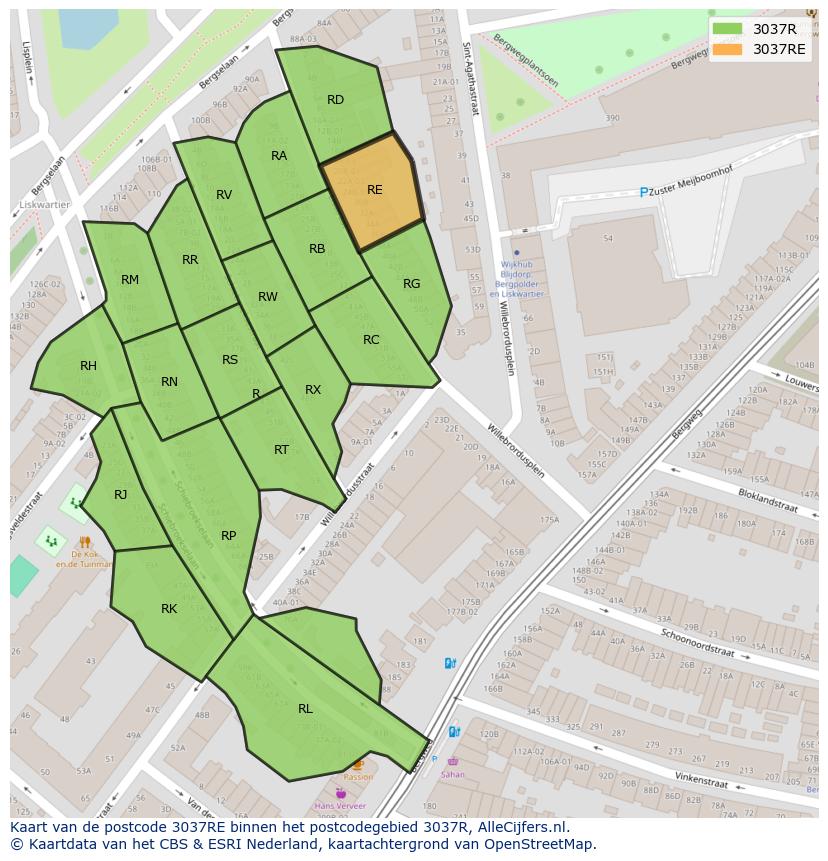Afbeelding van het postcodegebied 3037 RE op de kaart.
