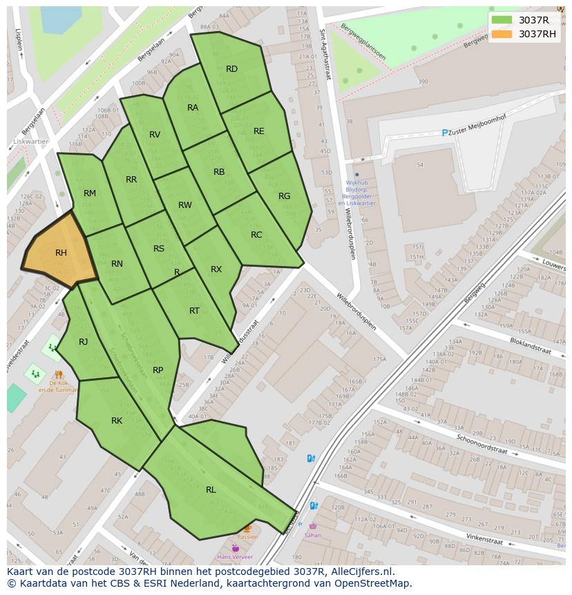 Afbeelding van het postcodegebied 3037 RH op de kaart.