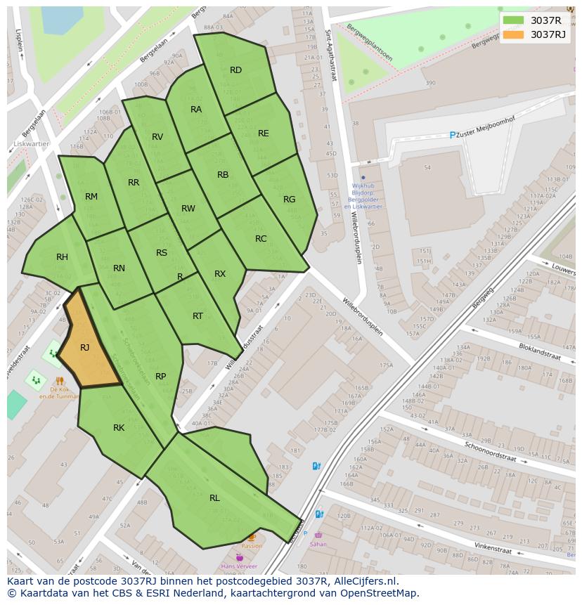 Afbeelding van het postcodegebied 3037 RJ op de kaart.